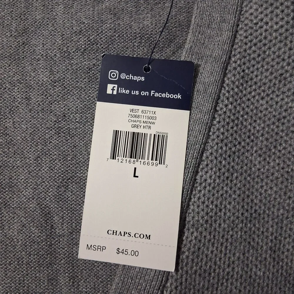 Chaps Men's Large Vest NEW WITH TAGS Gray 100% Cotton Button Up